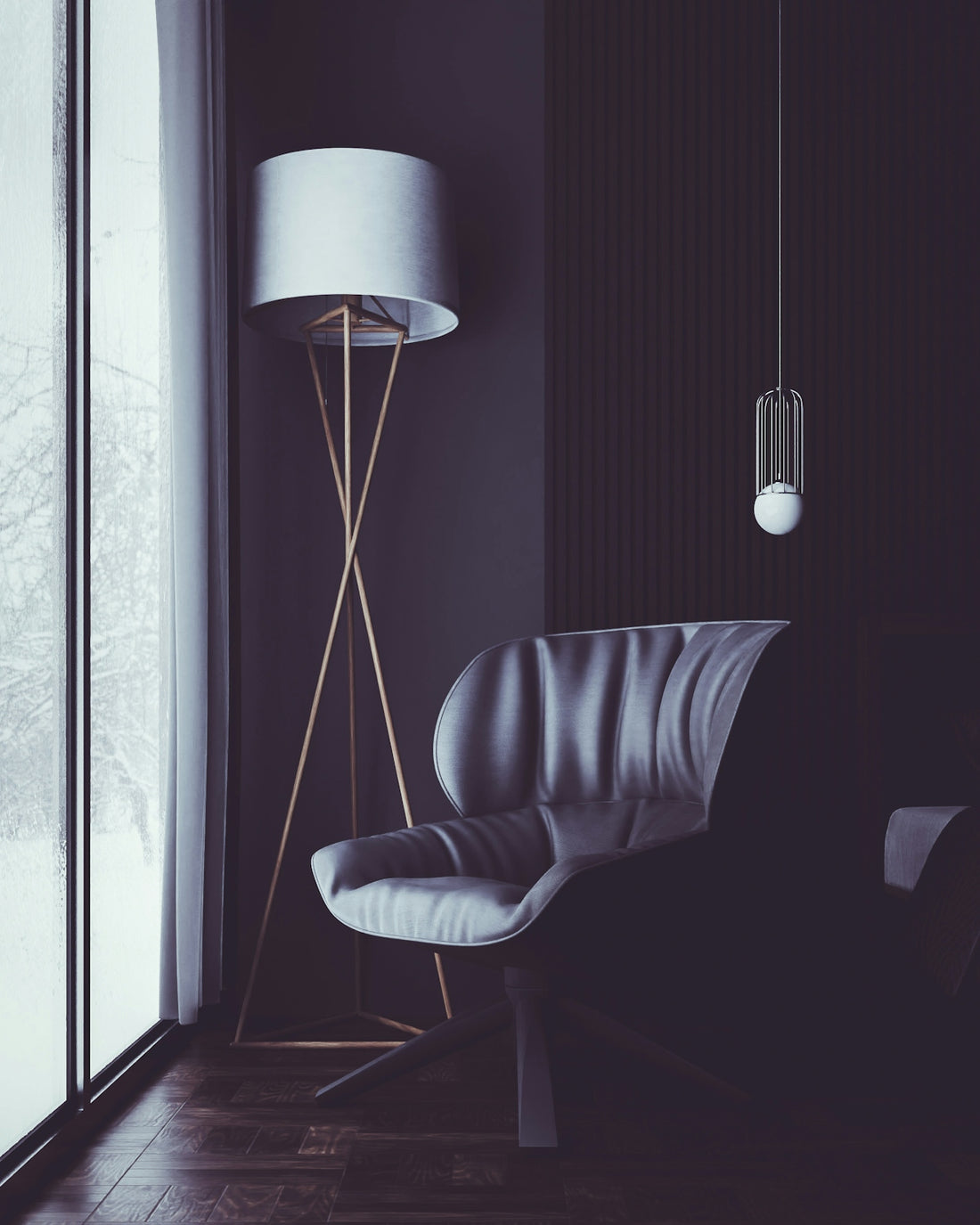 Modern chair and lamp in a dark room