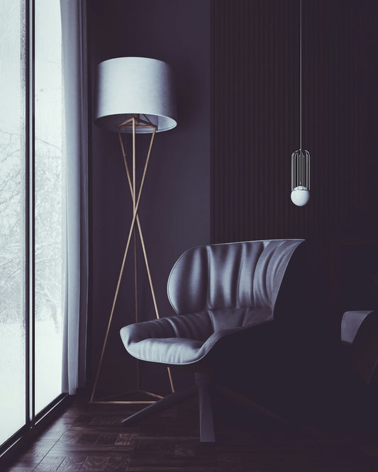 Modern chair and lamp in a dark room