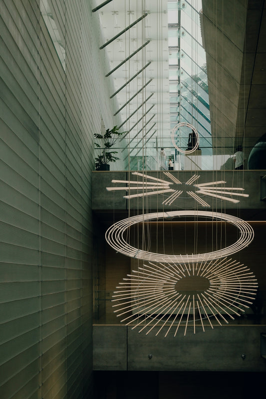 Modern architectural space with striking light fixtures.