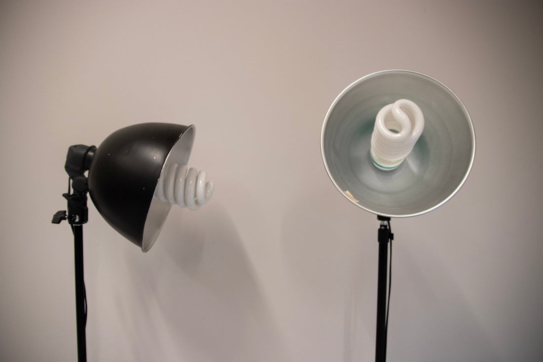 Two studio lights with fluorescent bulbs facing left.