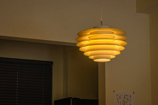 A modern pendant light fixture hangs indoors.